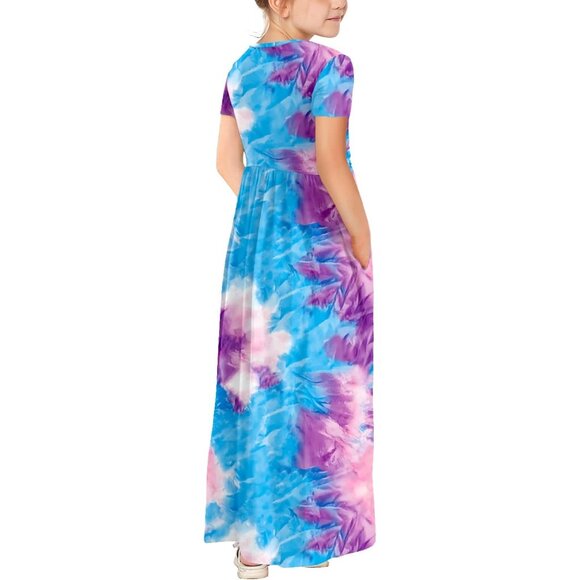 🆕Girls Tie Dye Dress Kids Short Sleeve Casual Loose Fit Maxi with Pockets - Picture 3 of 6